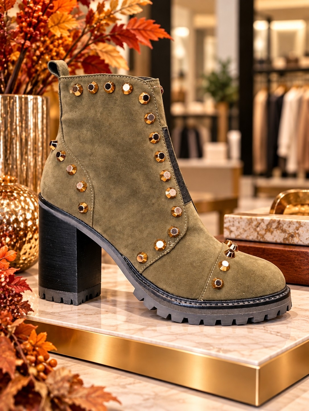 LINEA Paolo Honour-L Dark Olive Suede Studded Lug Sole Ankle Boots – Size 8.5